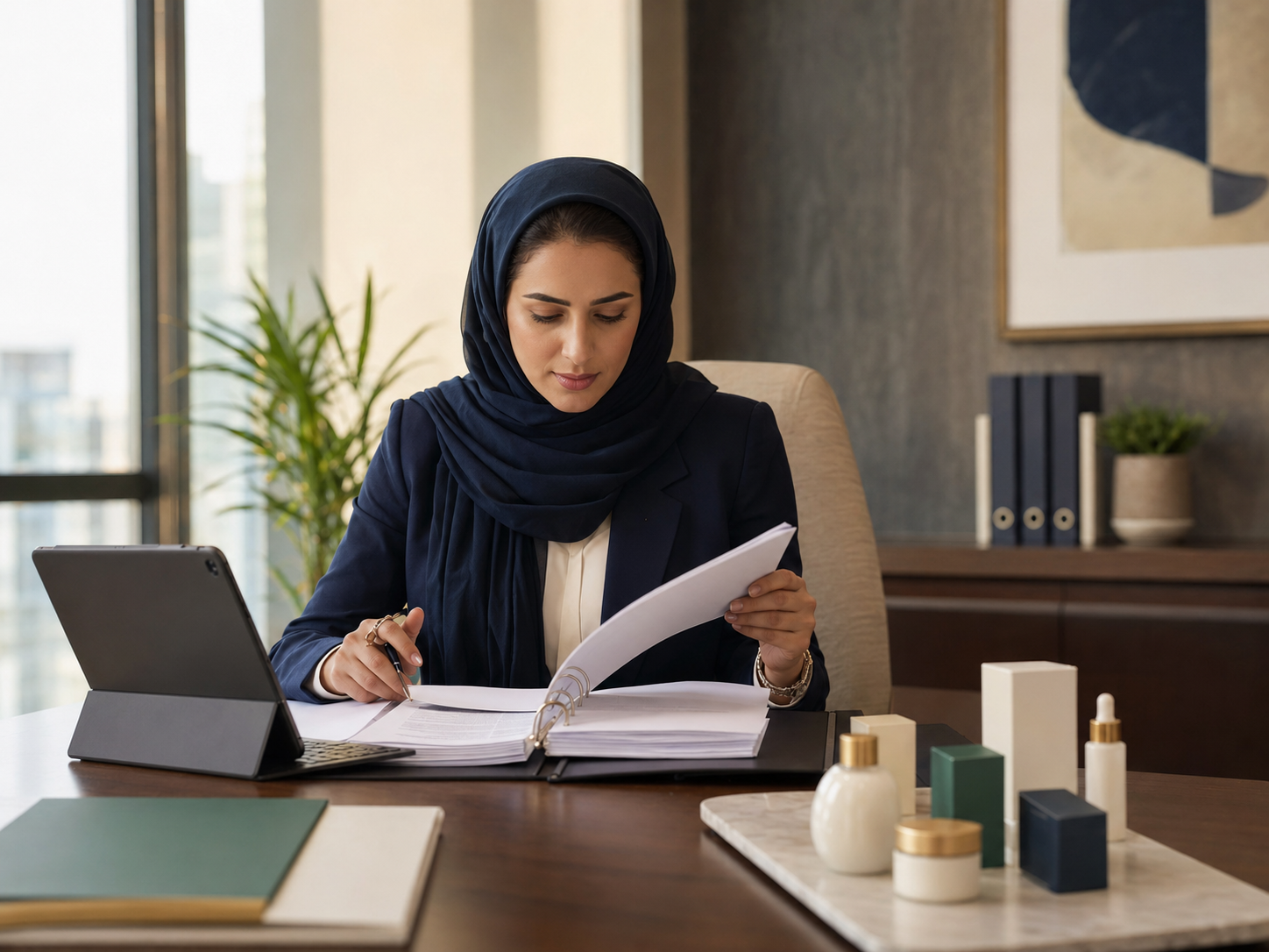 متخصصة تراجع ملف تسجيل منتج